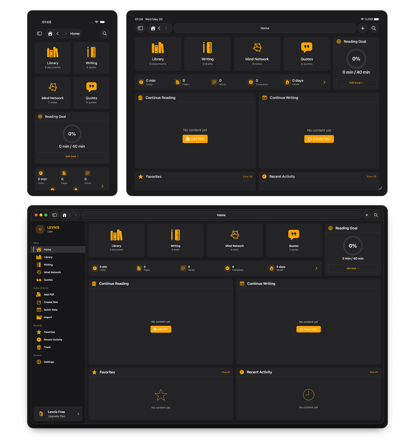 Levnis shown on iPhone at the upper left, iPad at the upper right, and Mac below.